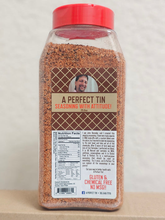 close up picture of the front of the biggest size of a perfect tin seasoning bottle 